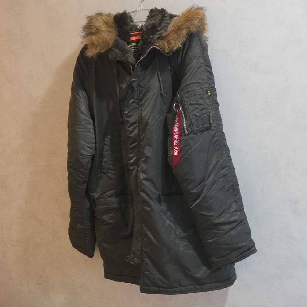 Alpha Industries Brown Puffer Hooded Parka with Faux Fur Trim
